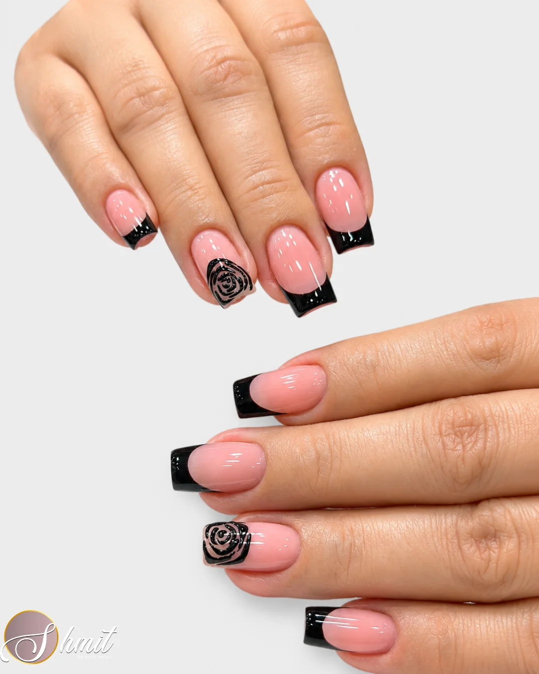 Manicura con combinación de rosa y negro realizada en Shmit Beauty Salon Madrid